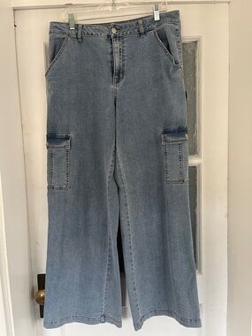 High-Rise Light Blue Wide Leg Cargo Jeans